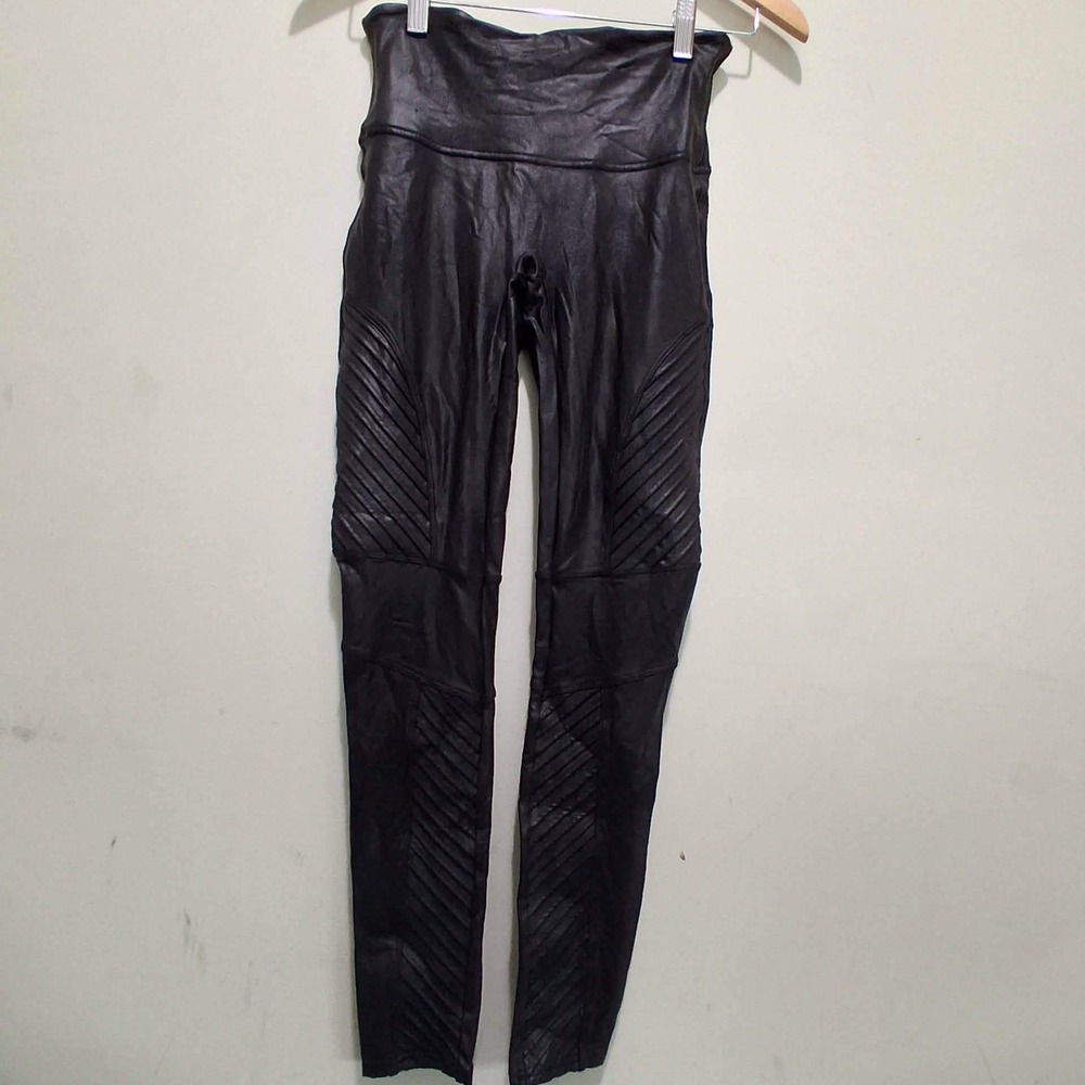 Spanx Leggings Womens Medium Black Faux Leather Moto High Waisted Shaping Pants